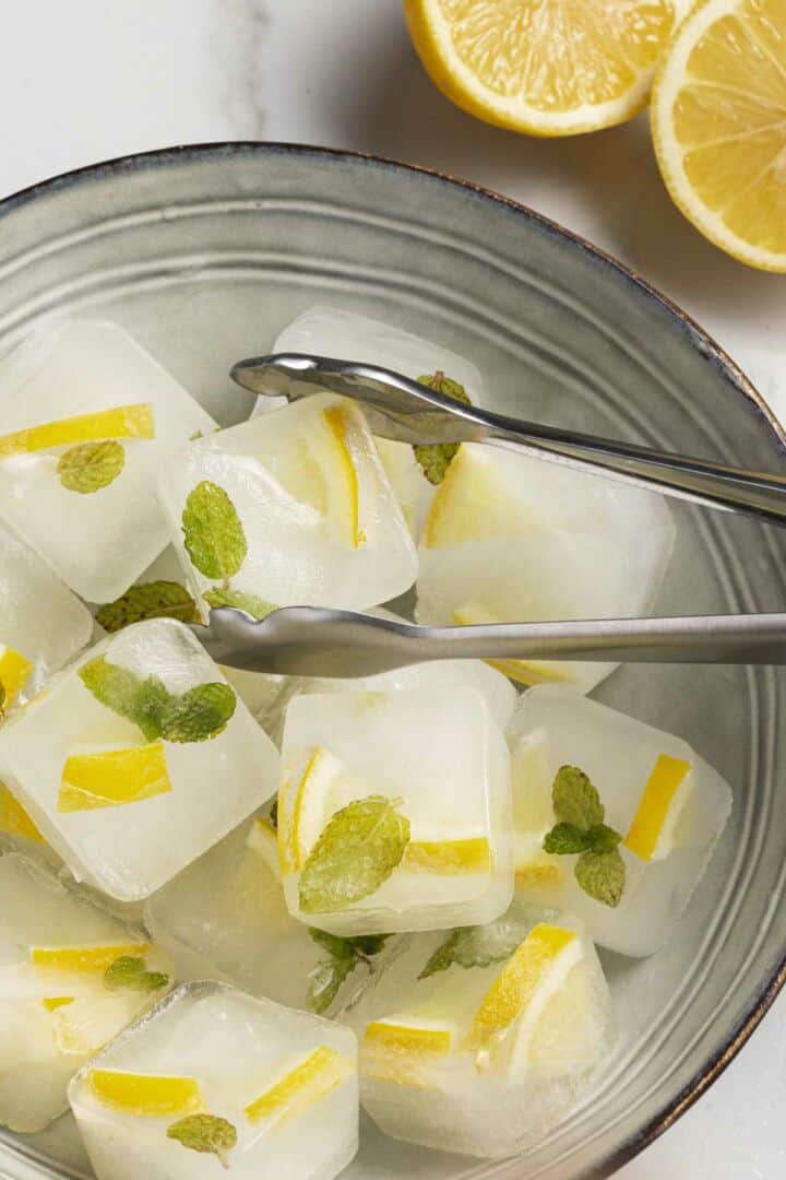 lemon peel and herb infused ice cubes.