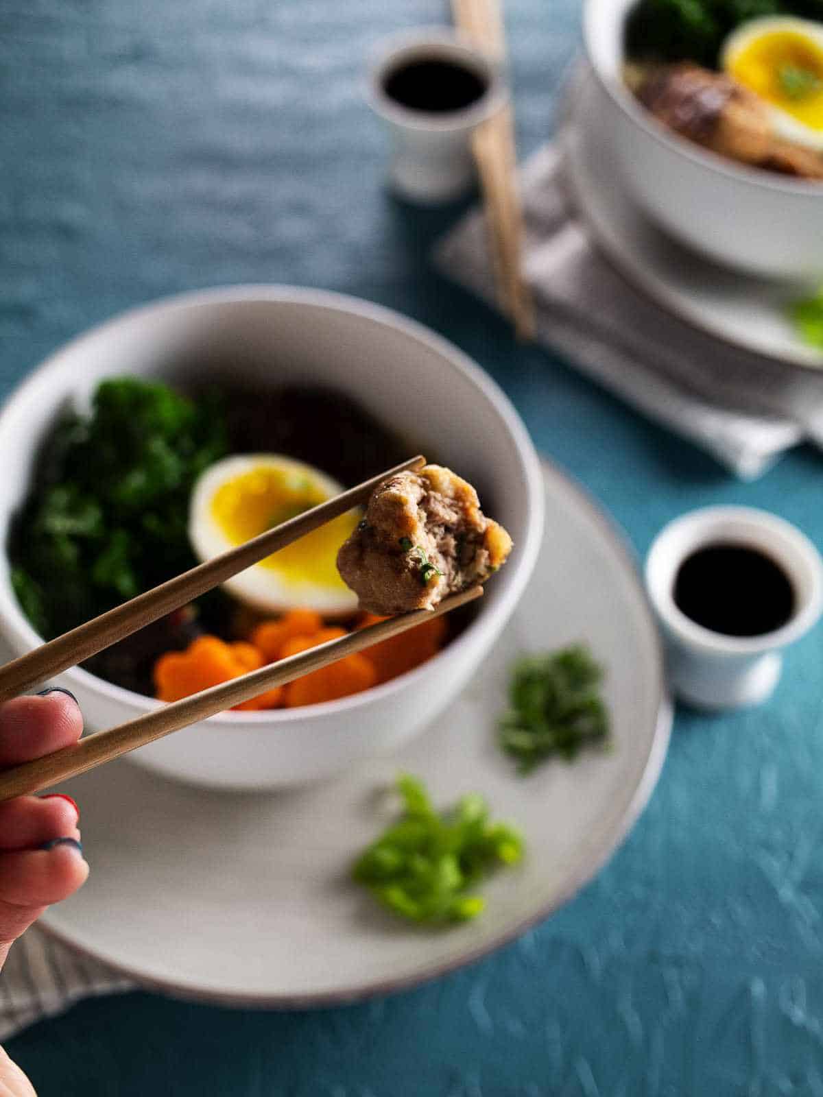 Turkey meatball and sweet potato ramen soup.