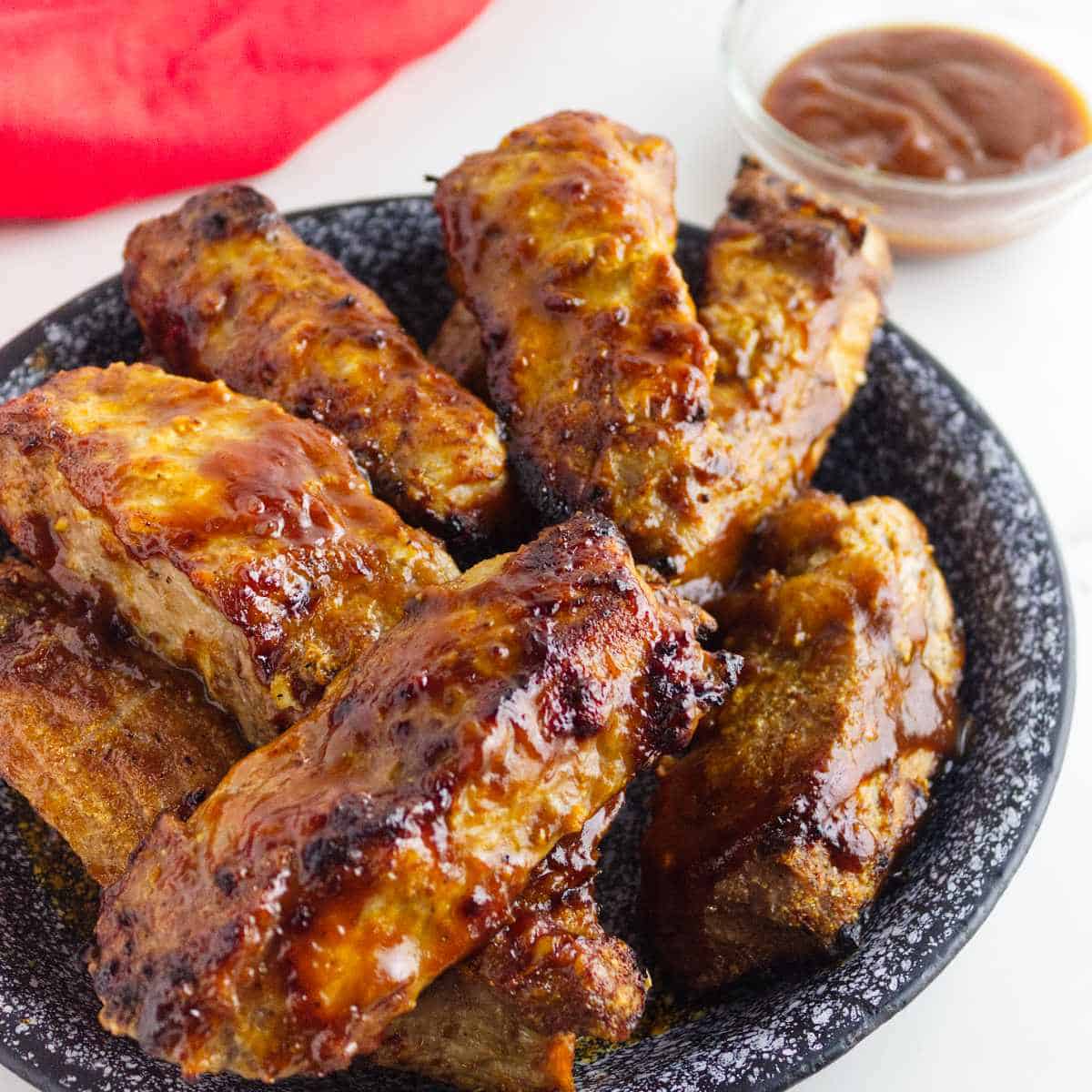 air fried country pork ribs with barbecue sauce.