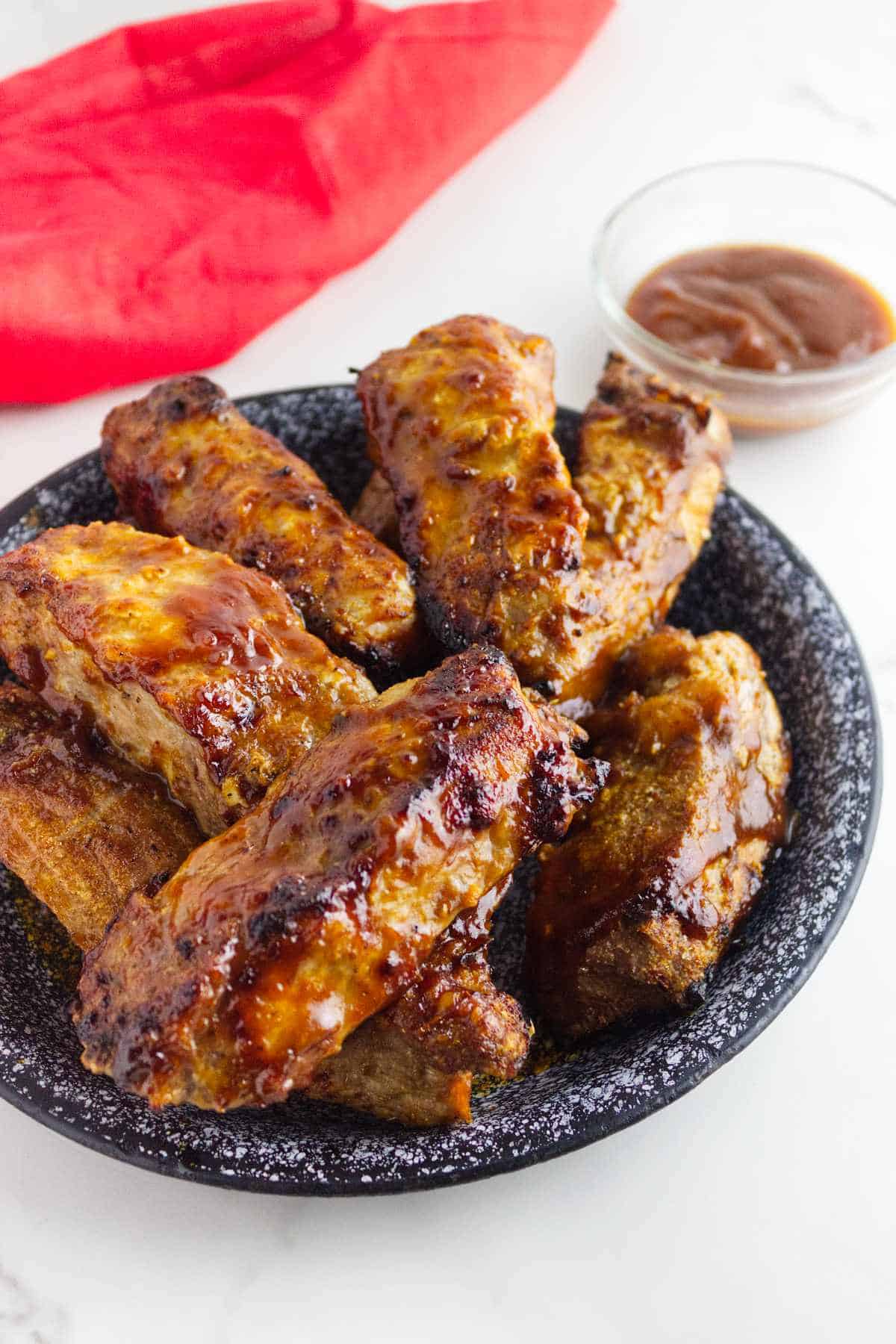 air fried country pork ribs with barbecue sauce.