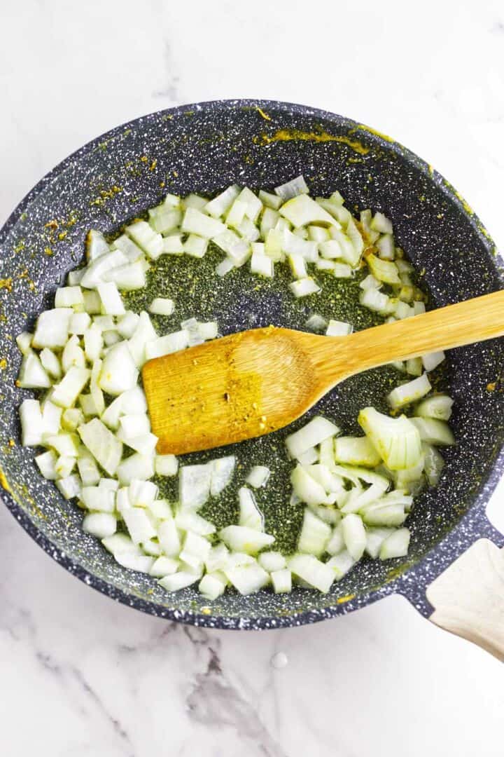 Onions in a skillet.