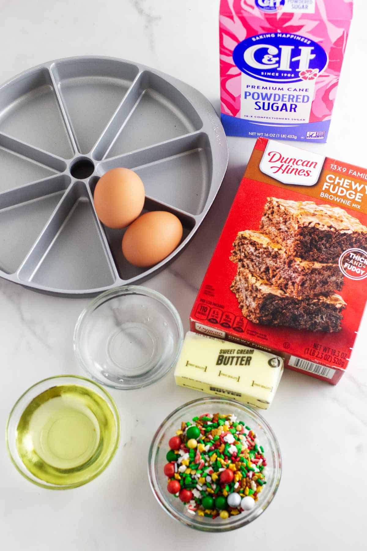 ingredients for easy to make Christmas tree brownies.