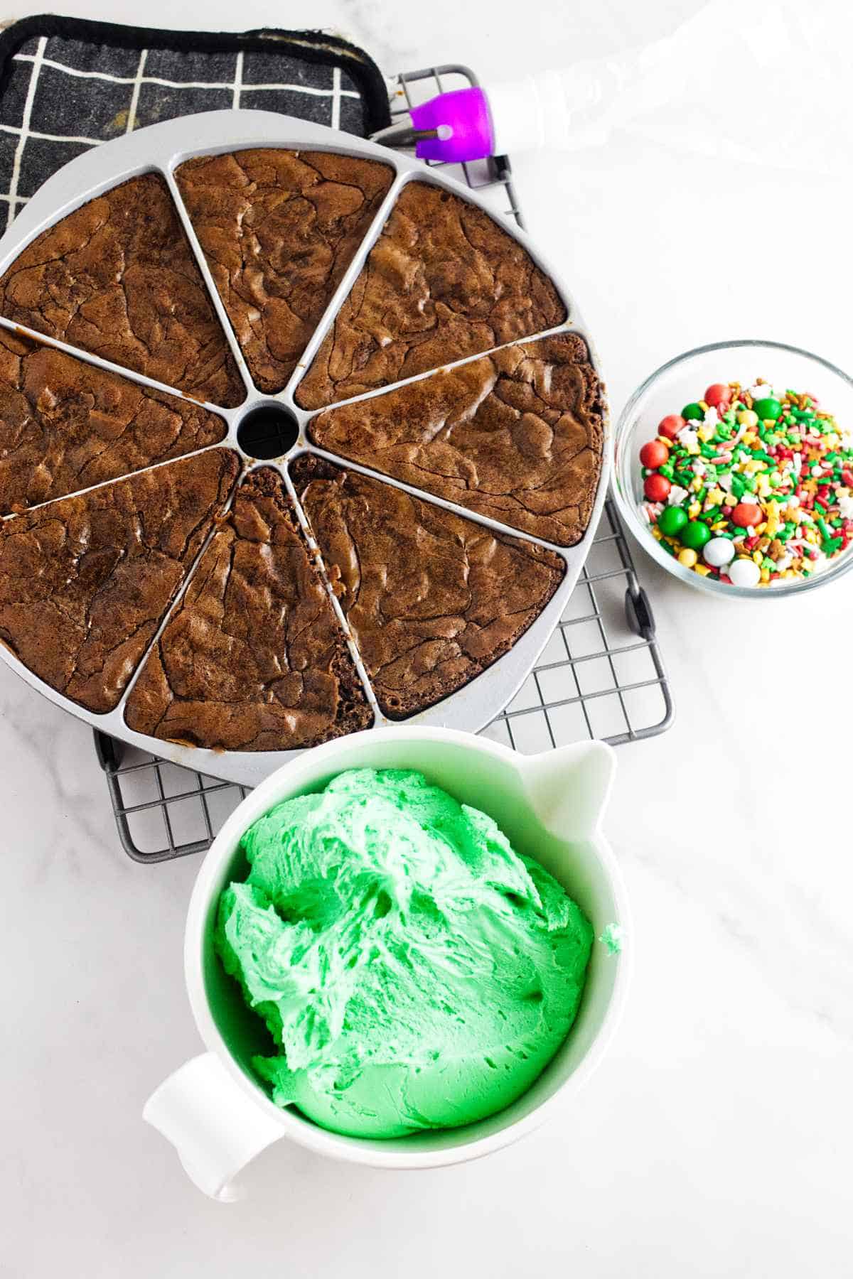 baked brownies in a round scones baking pan.