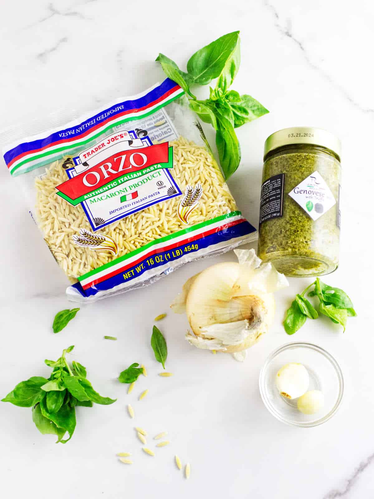 Ingredients for creamy pesto orzo.