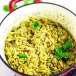 creamy pesto orzo in a dutch oven.