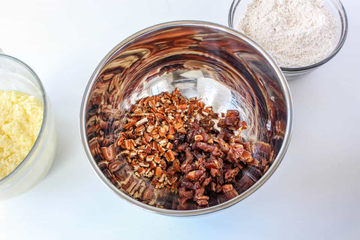 chopped dates and chopped nuts in a bowl.