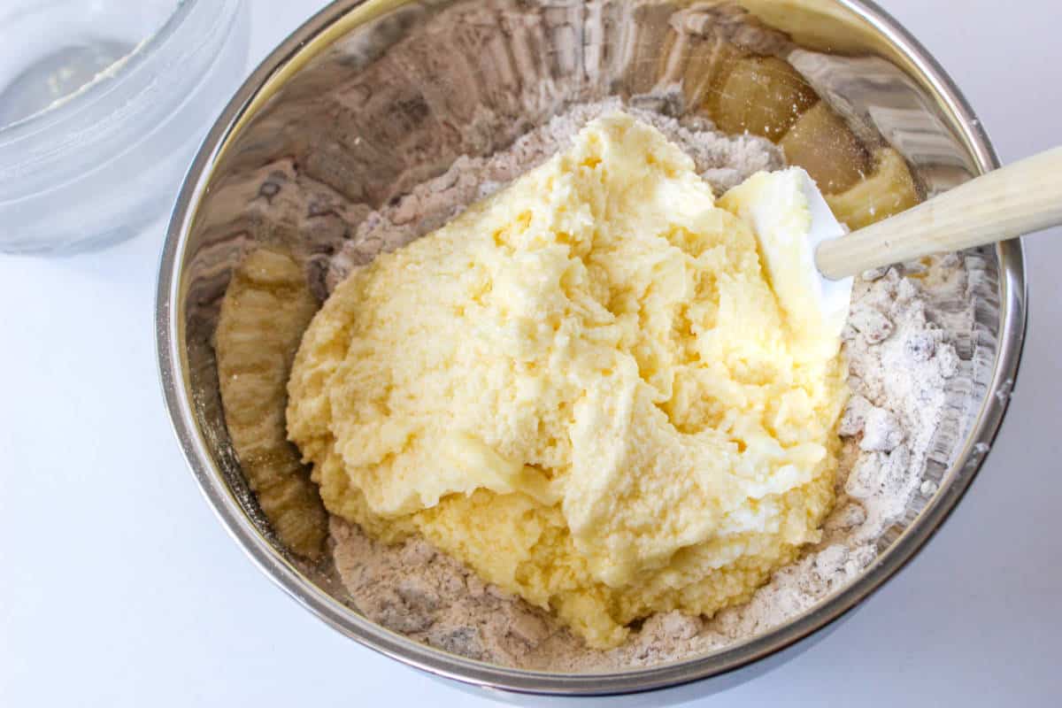 creamed butter and eggs added to dry ingredients.