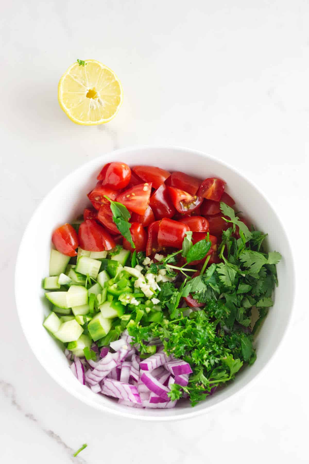Chopped cucumbers, tomatoes, red onion, and herbs in a bowl.