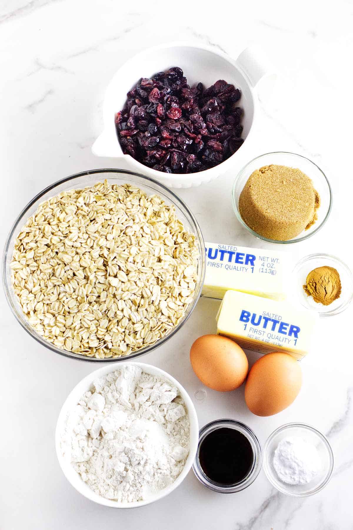 ingredients for oatmeal craisin cookies.