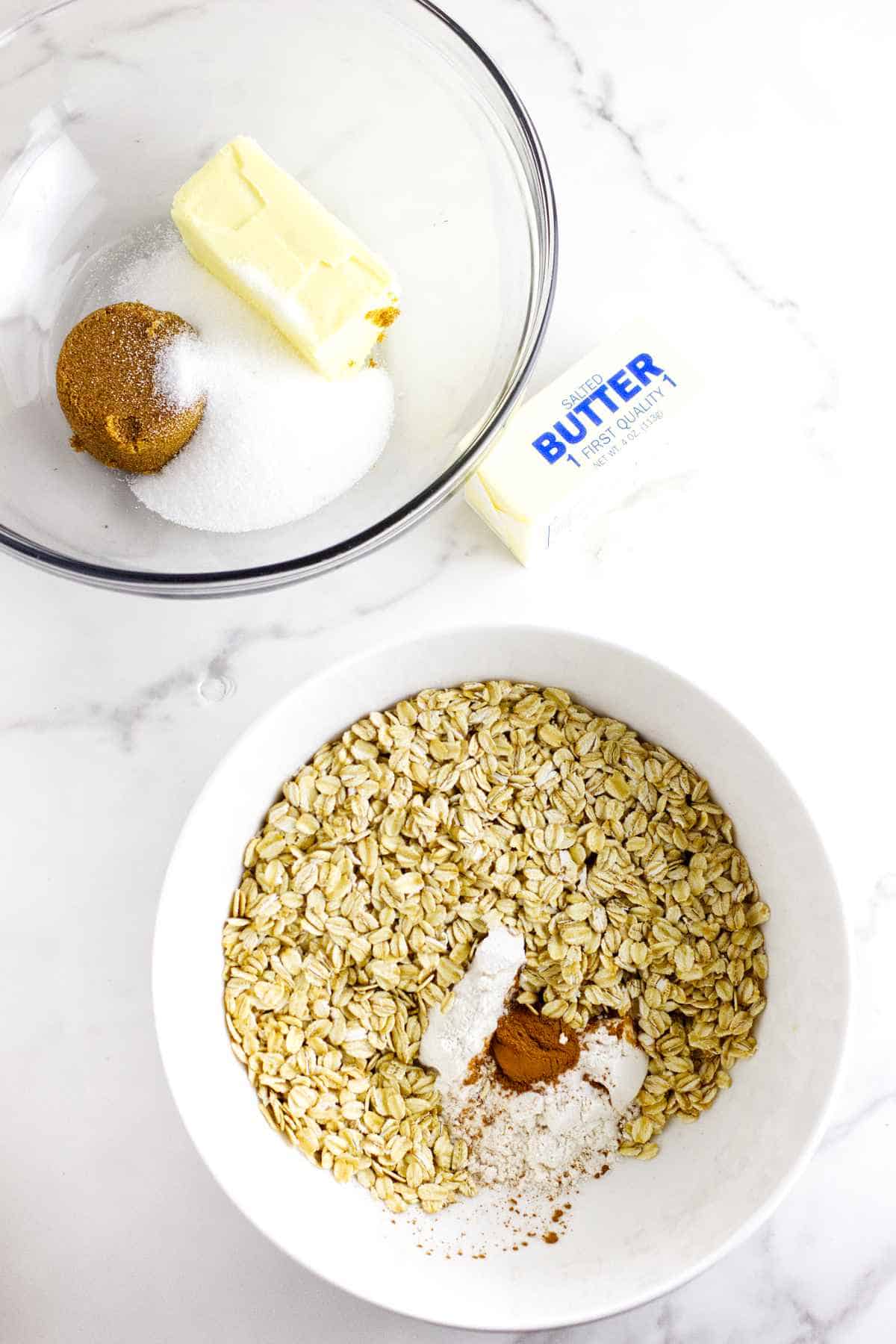 bowl of butter and sugar for creaming, and a bowl of dry ingredients to get mixed.