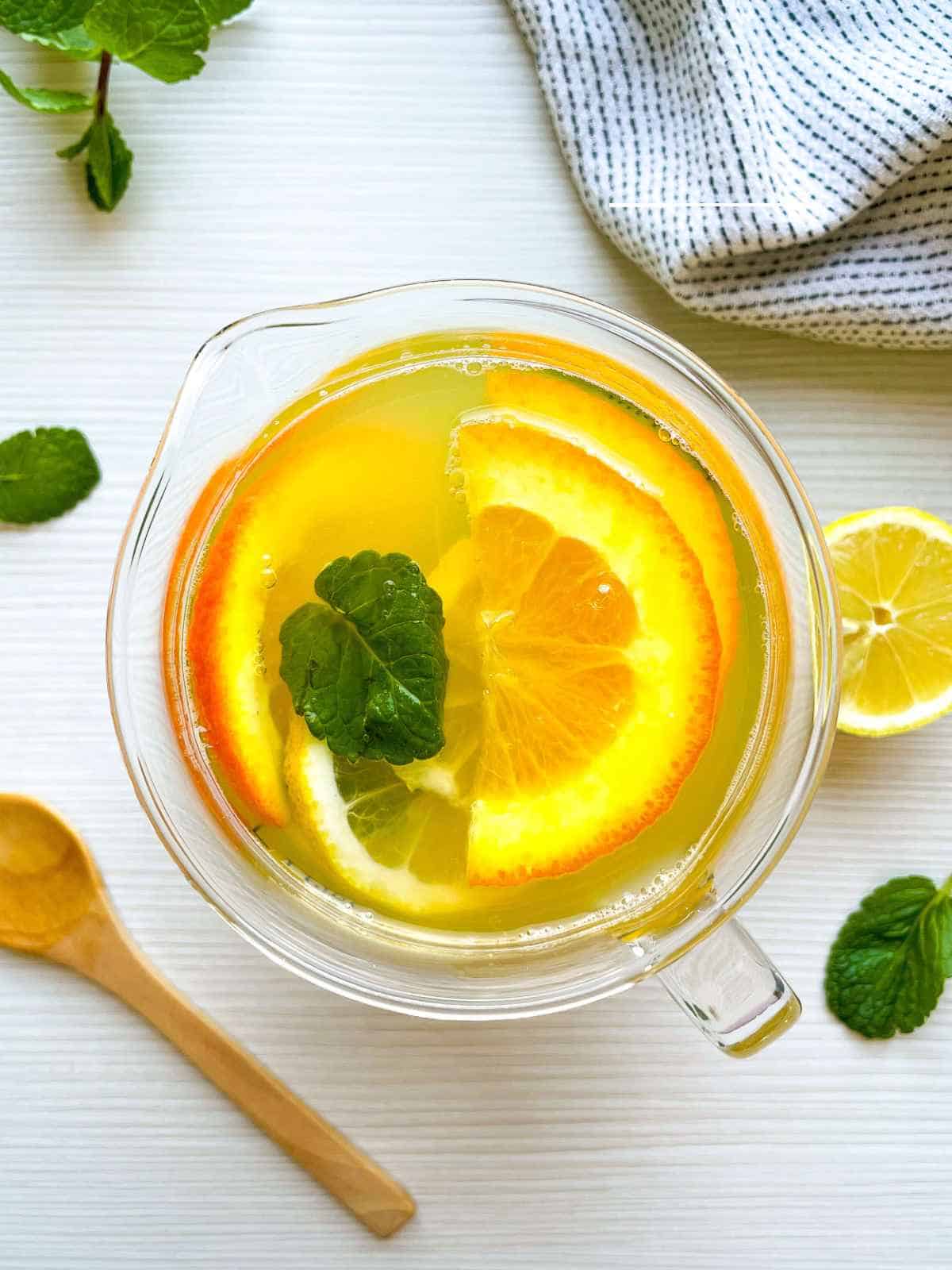 pitcher of orange mint lemonade.