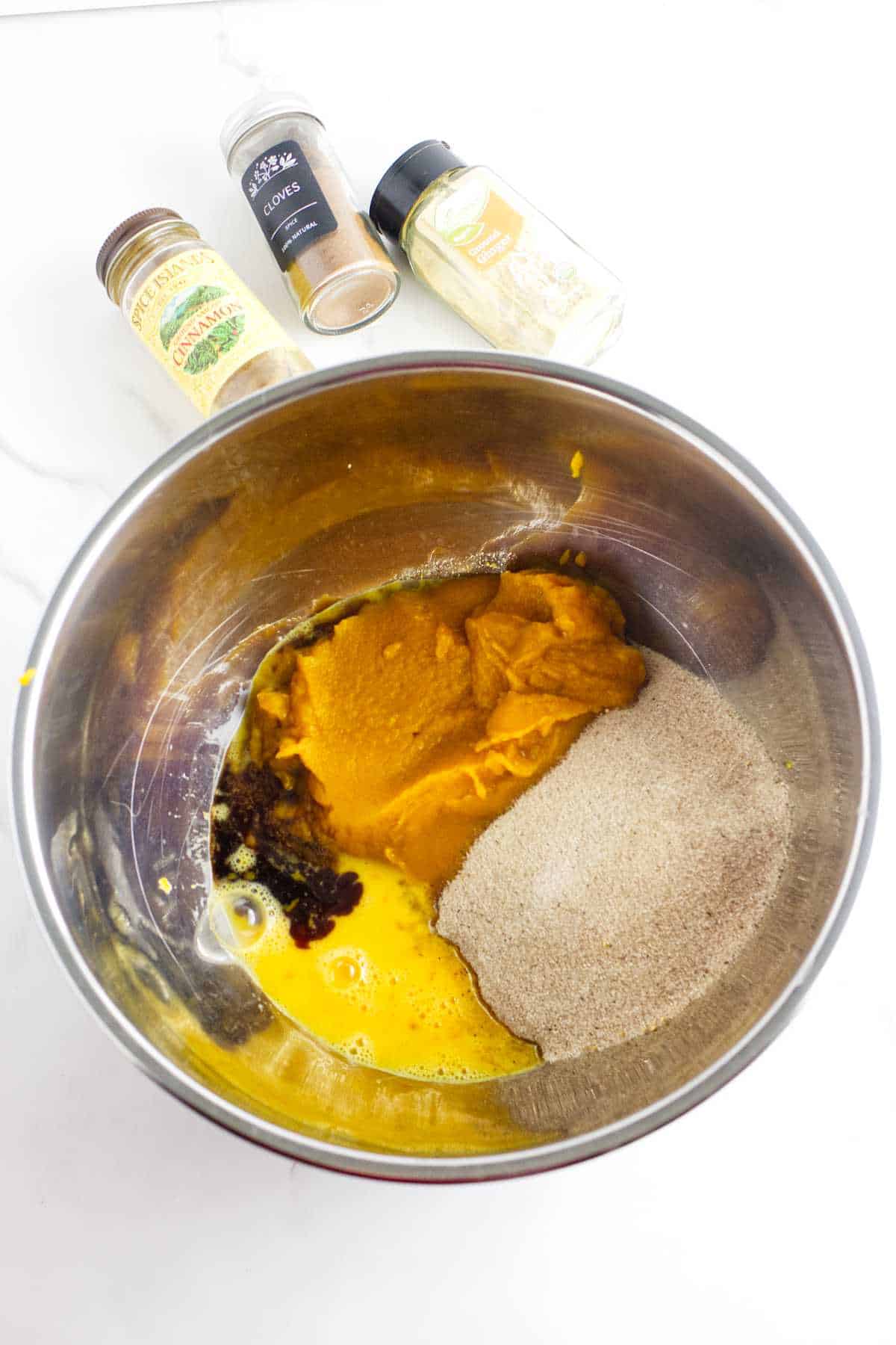 pumpkin pie ingredients in a bowl.