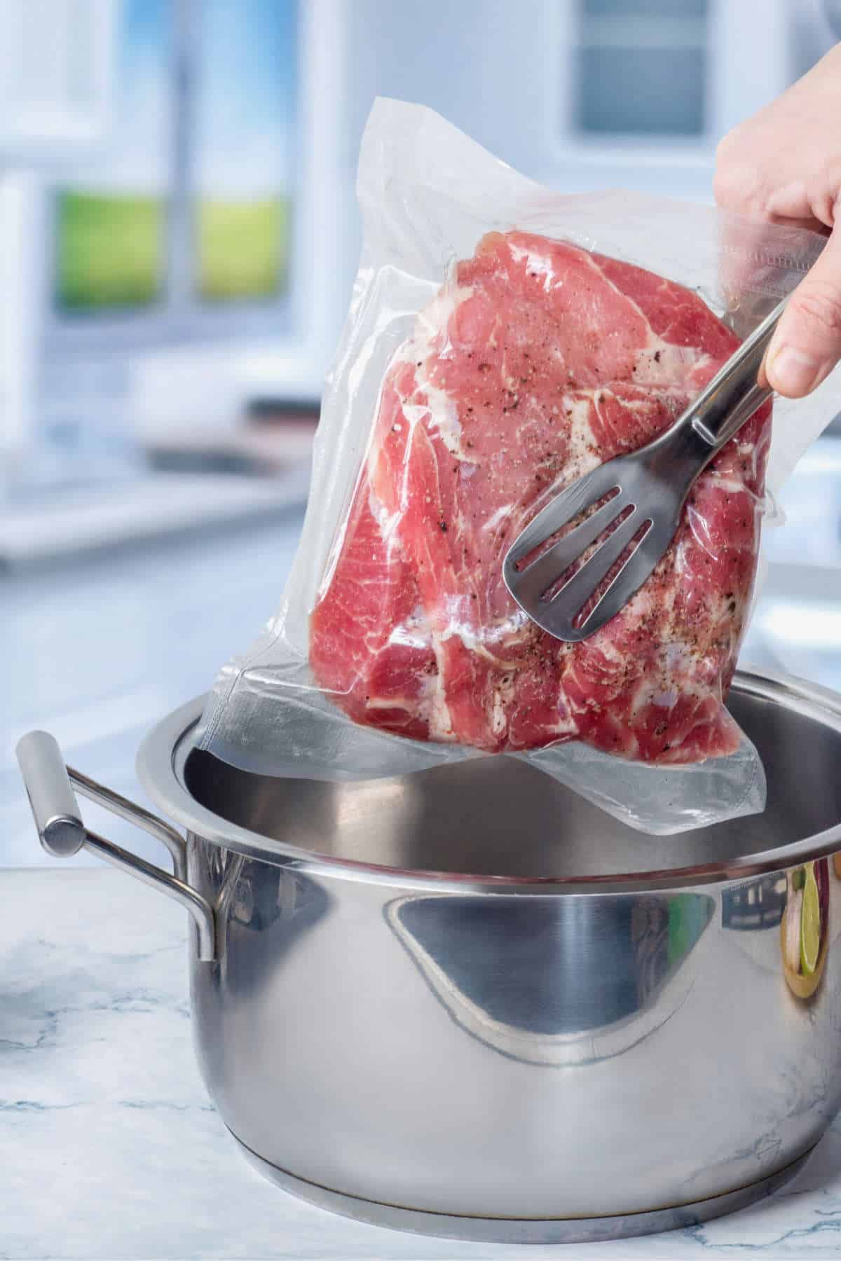 Cooking meat in a vacuum using sous-vide technology.