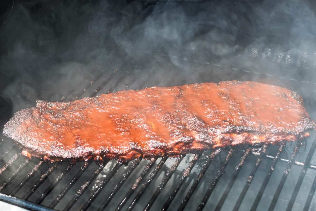 whole rack of grilled barbecue pork ribs.
