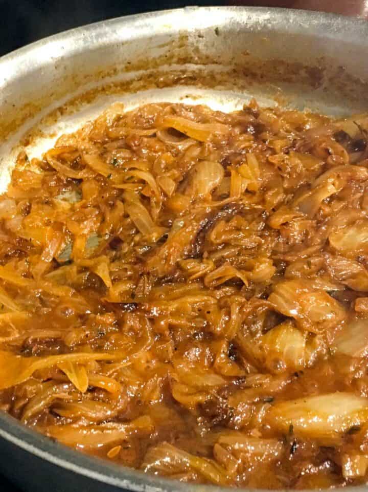 caramelized onions in a skillet.