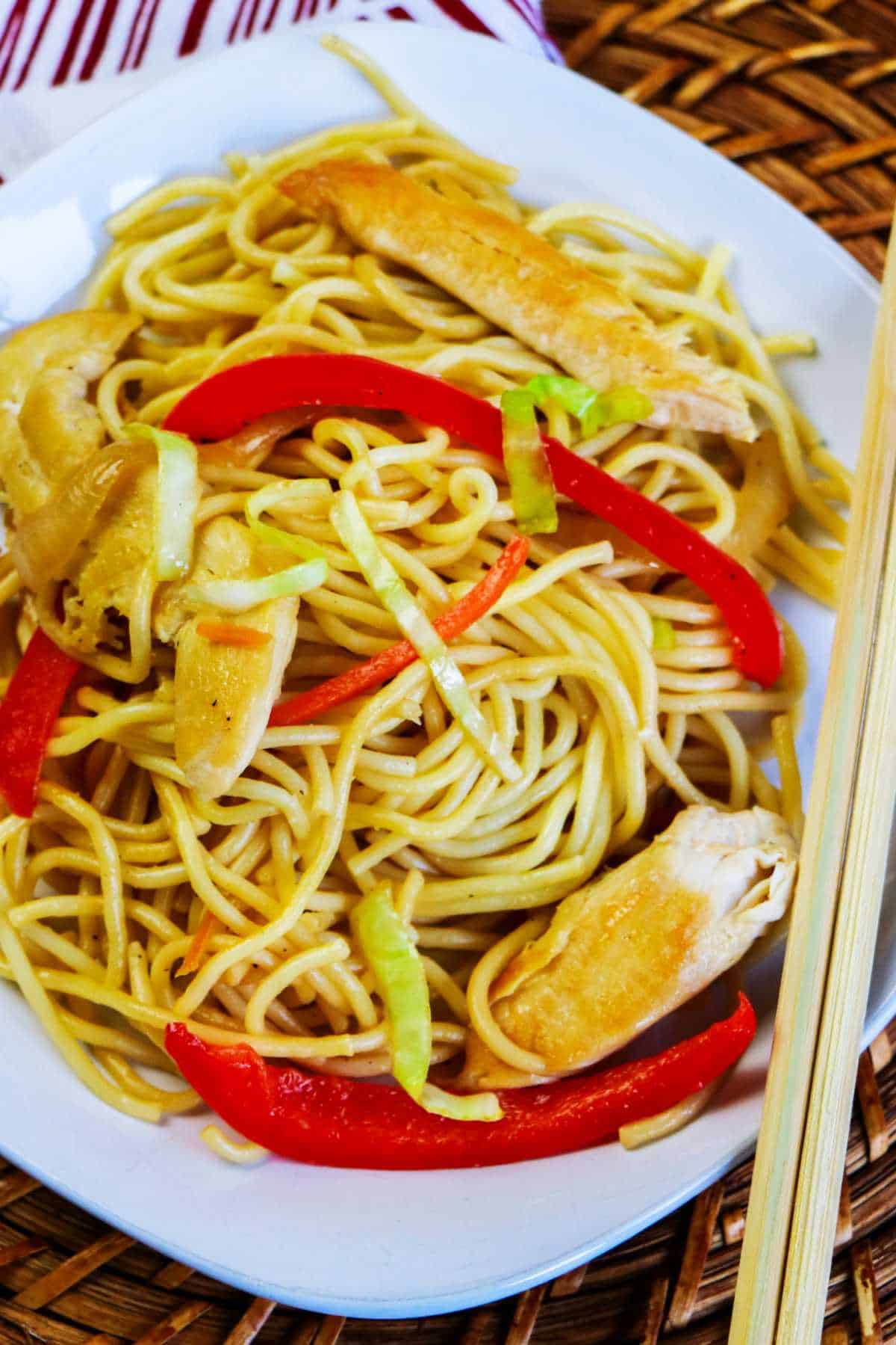 Chicken lo Mein on a serving plate.