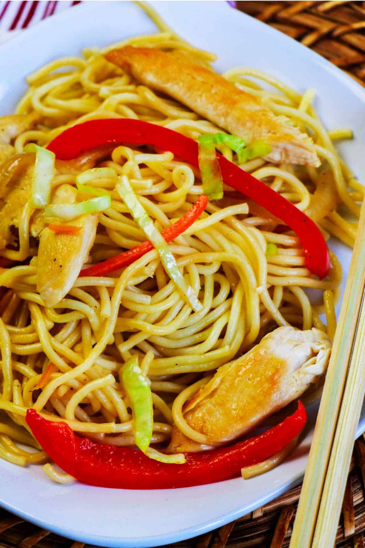 Chicken lo Mein on a serving plate.