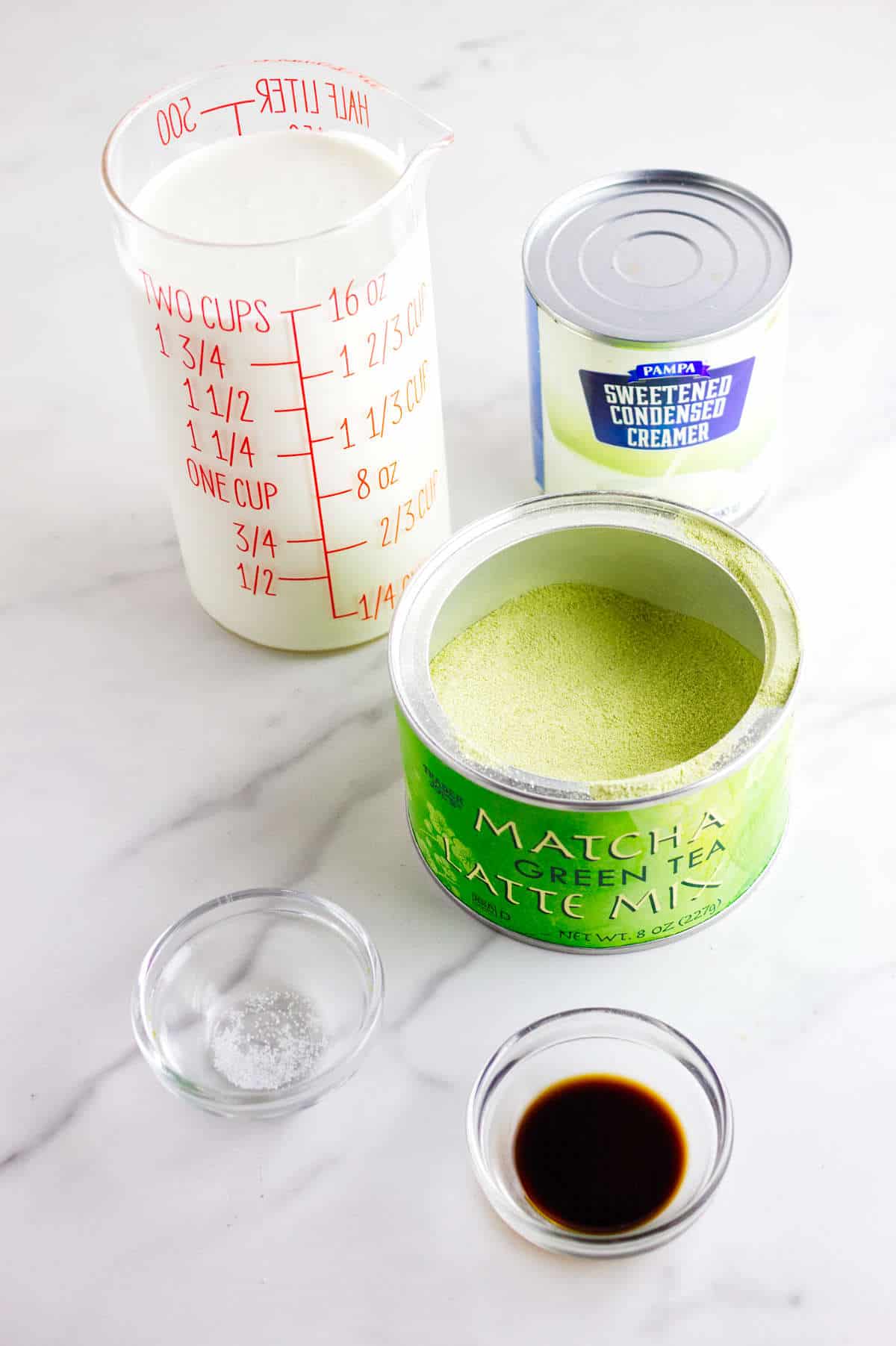 Ingredients for Matcha Ice Cream.