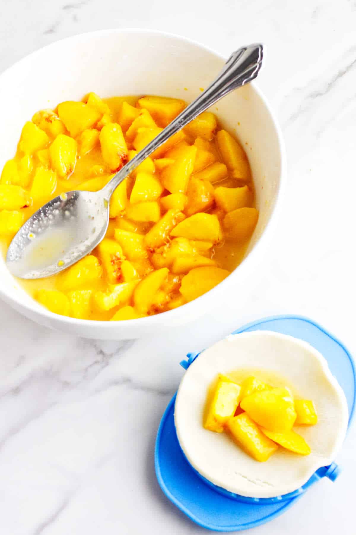peach filling added to dough circle.