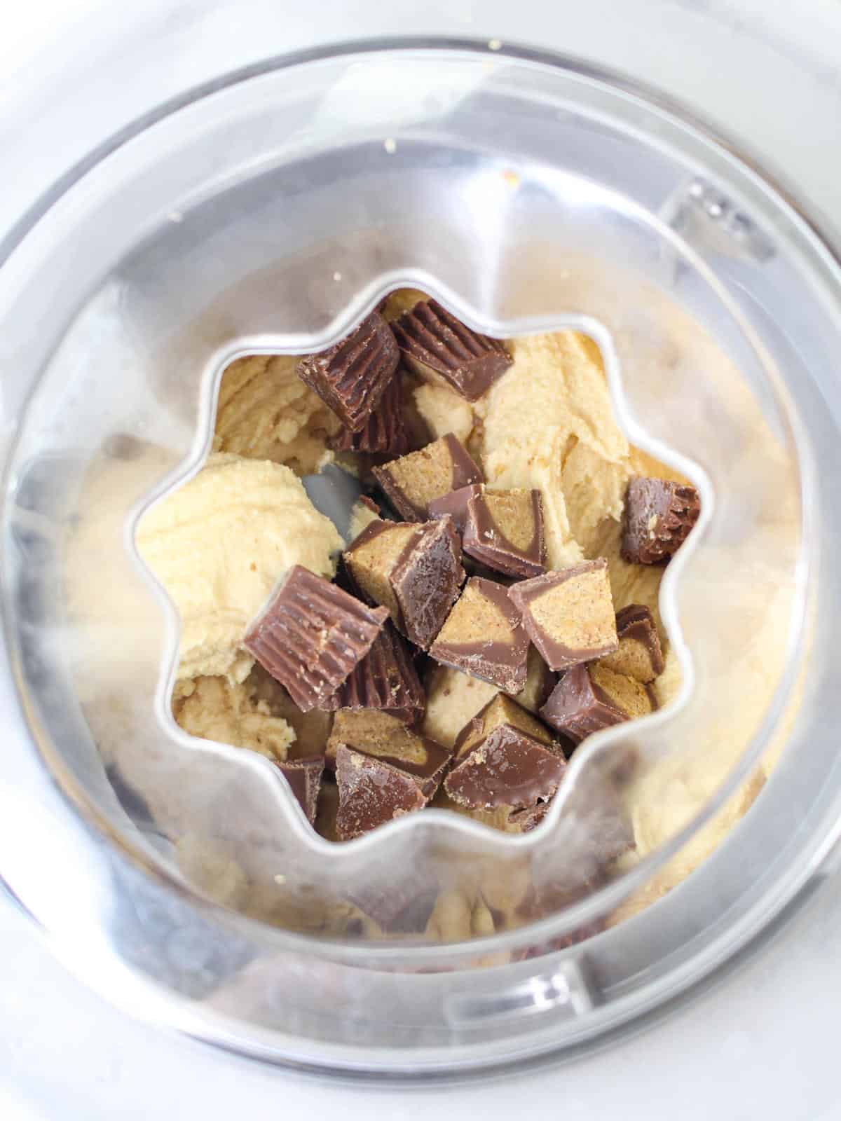 Chopped peanut butter cups added to peanut butter ice cream.