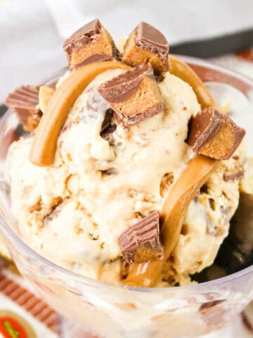 Reese's peanut butter cup ice cream with drizzled peanut butter topping.