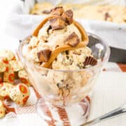 Reese's peanut butter cup ice cream with drizzled peanut butter topping.