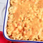 Oven baked rotel mac and cheese in a casserole.