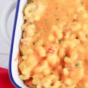 Oven baked rotel mac and cheese in a casserole.