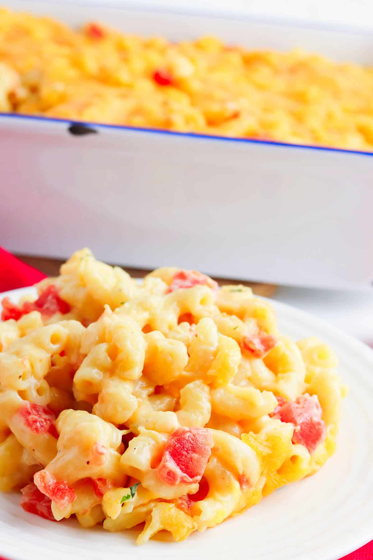 Oven baked rotel mac and cheese in a casserole.