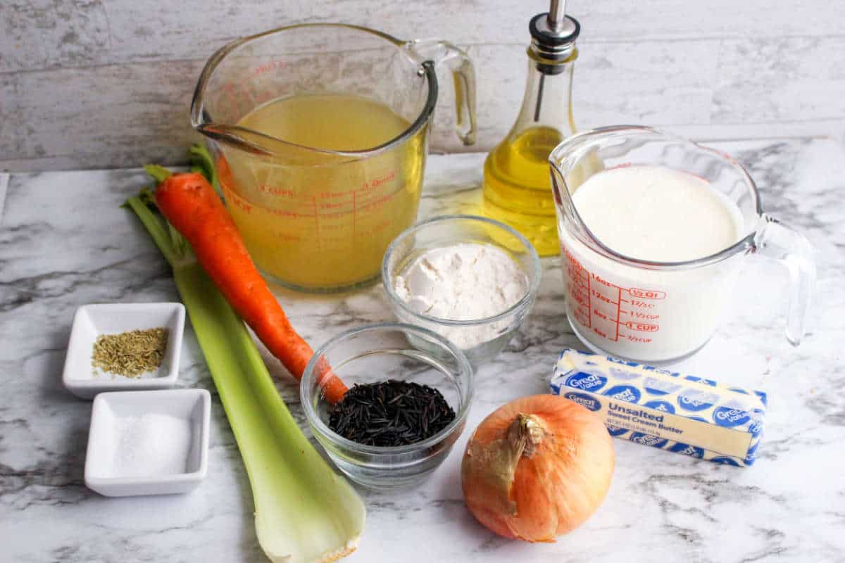 ingredients for making creamy wild rice soup.
