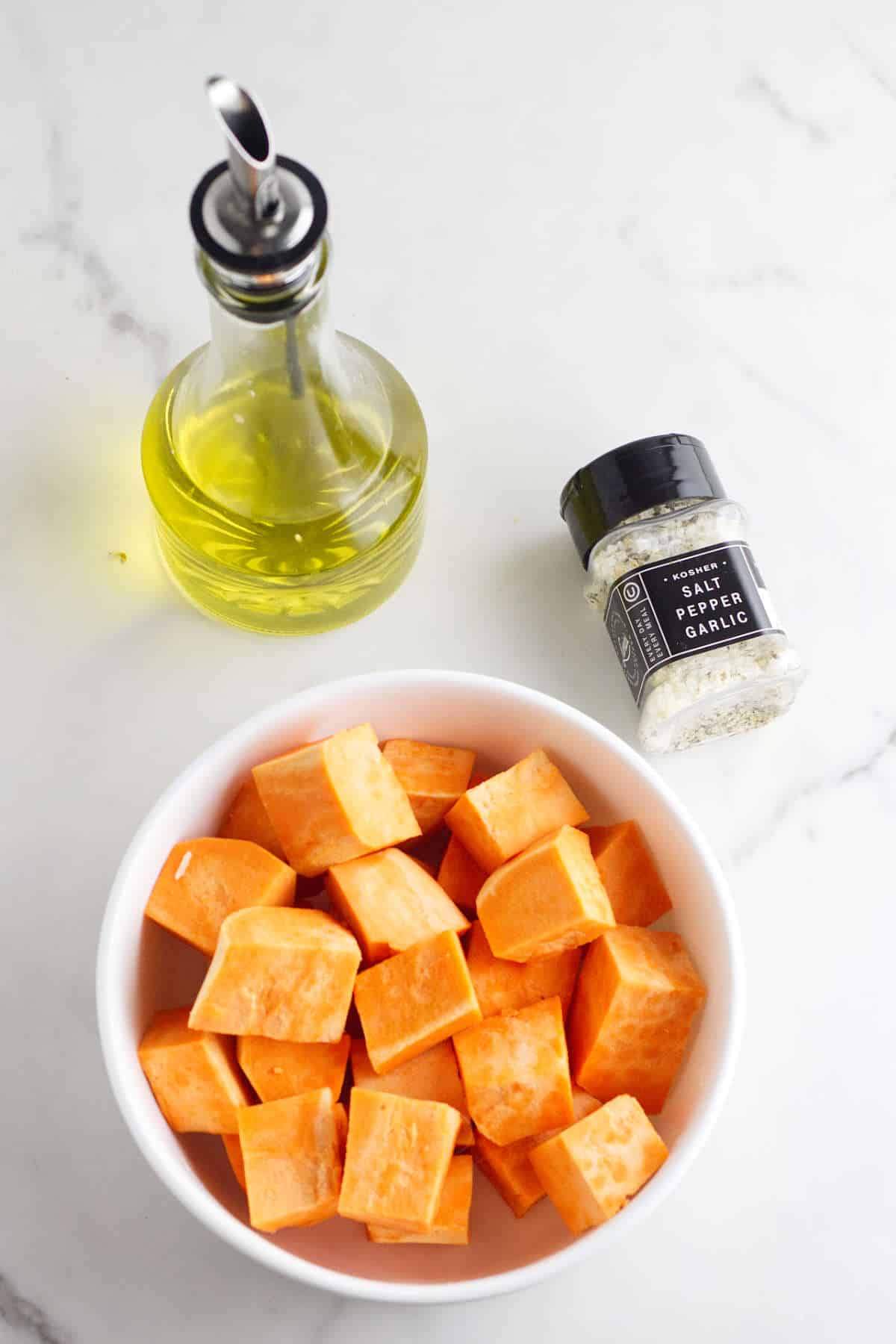 cubed sweet potatoes in a bowl.