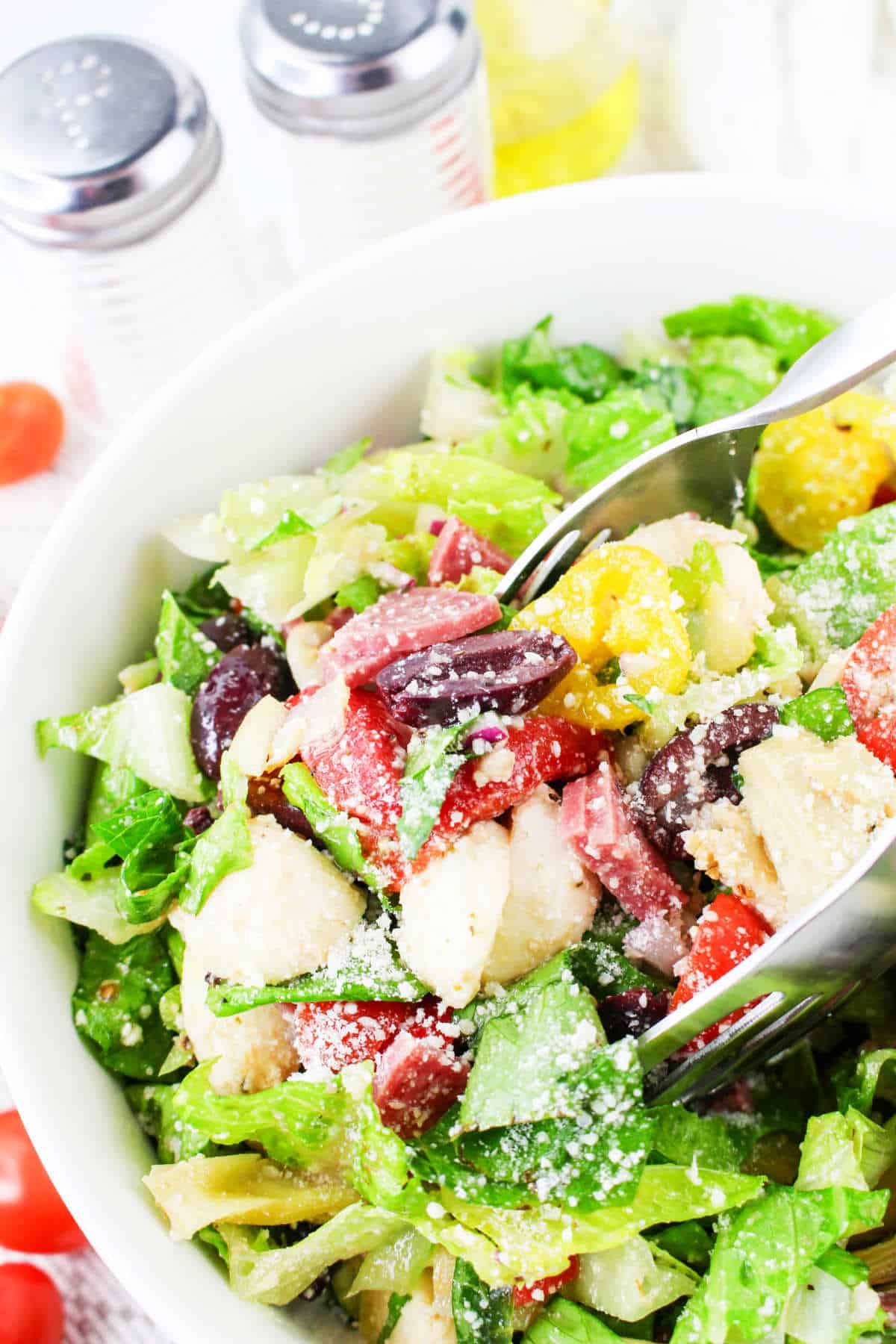 Bowl of tossed chopped antipasto salad.