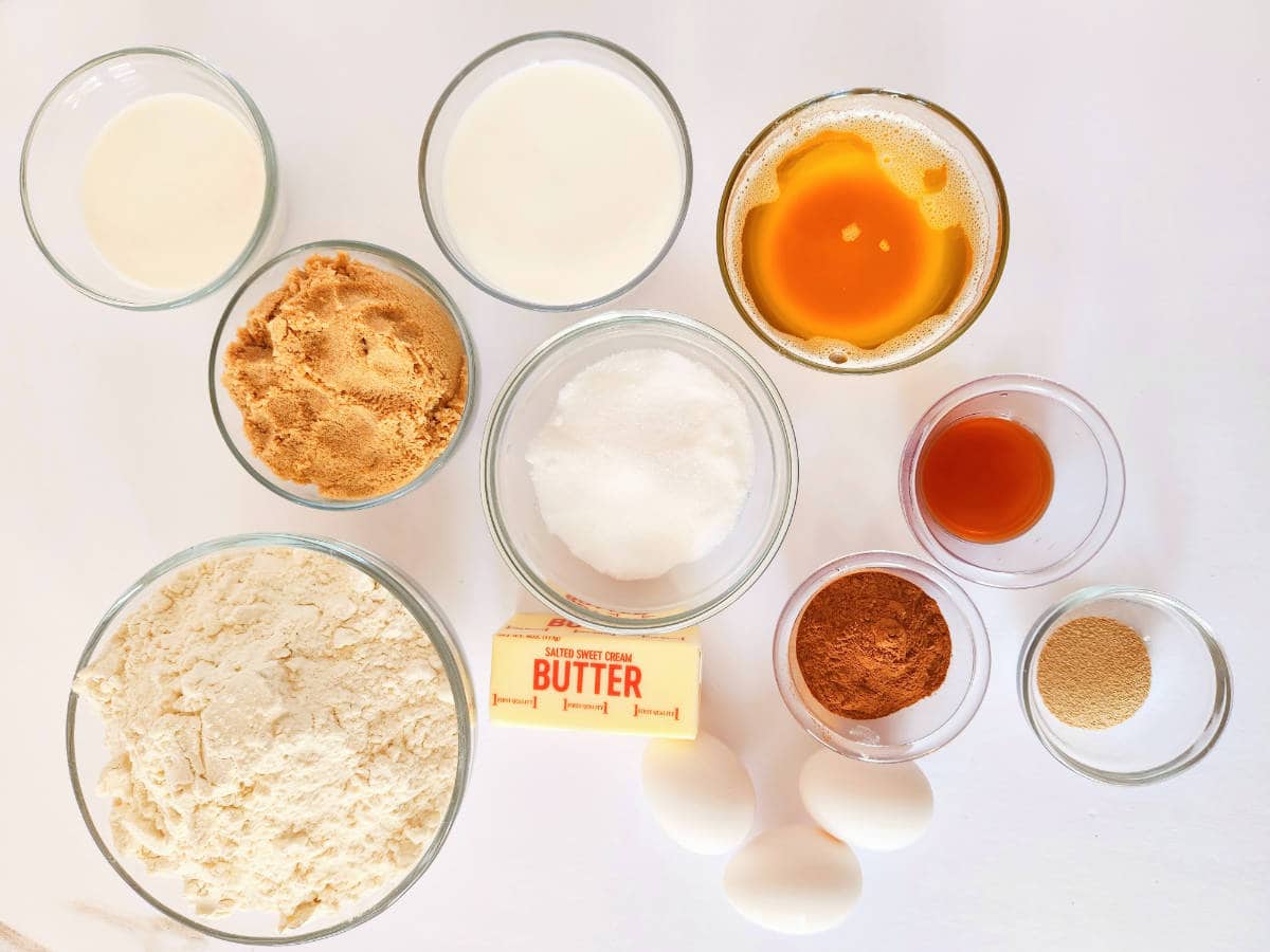 ingredients for browned butter cinnamon rolls.