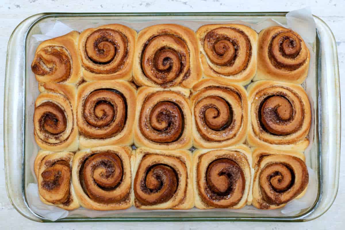 Freshly baked sourdough cinnamon rolls without icing.