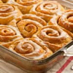 Butterscotch iced sourdough cinnamon rolls.