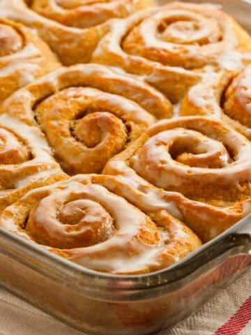 Butterscotch iced sourdough cinnamon rolls.