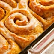 Butterscotch iced sourdough cinnamon rolls.
