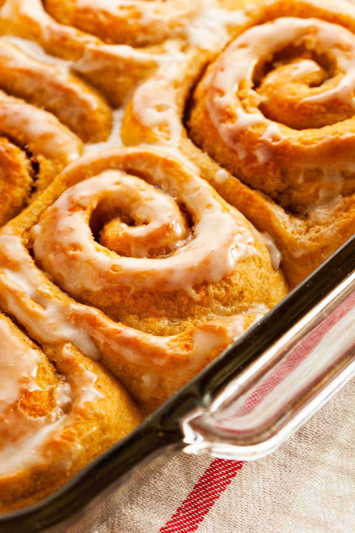 Butterscotch iced sourdough cinnamon rolls.