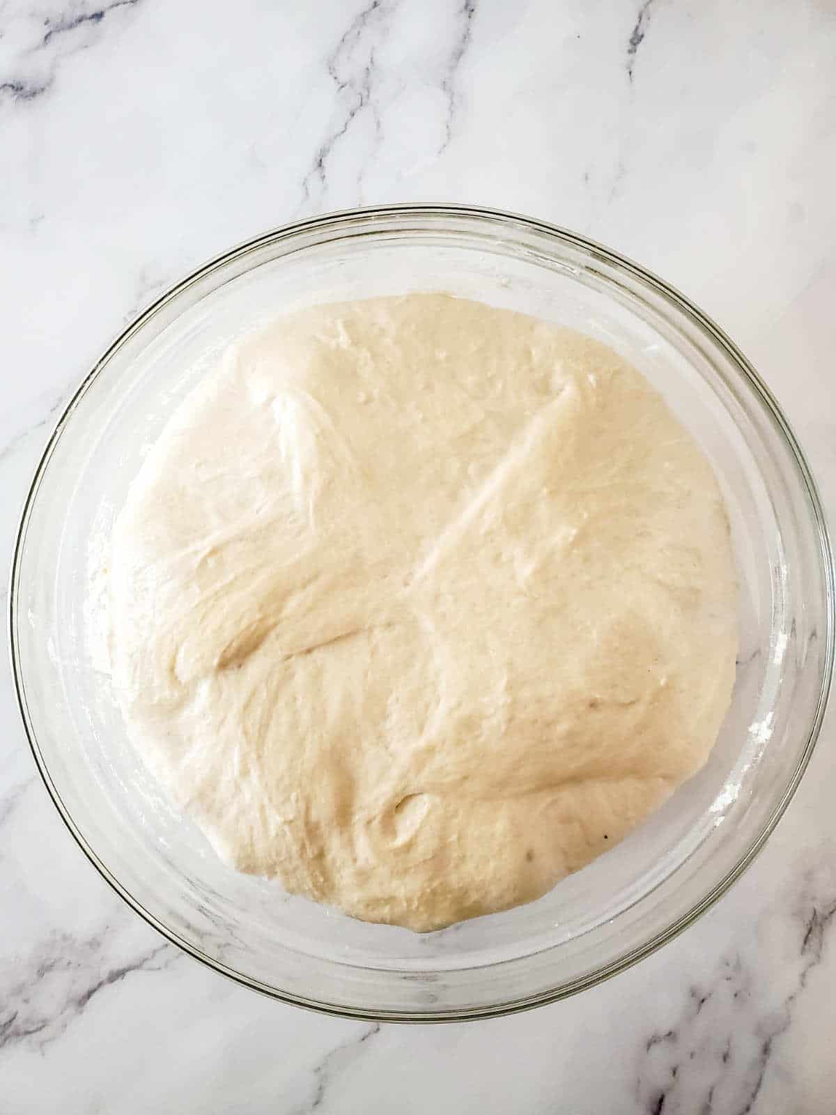 Sourdough bread dough risen two to three times in size in a bowl.