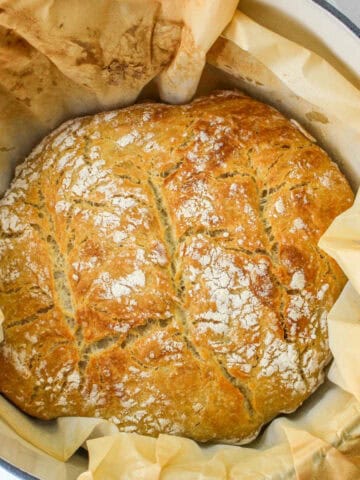 Baked no knead bread in a Dutch oven.