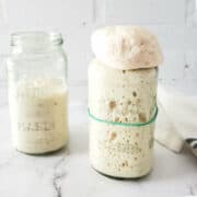 very active sourdough starter overflowing the jar.