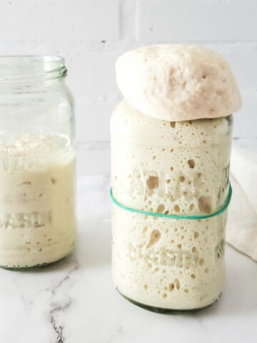 very active sourdough starter overflowing the jar.