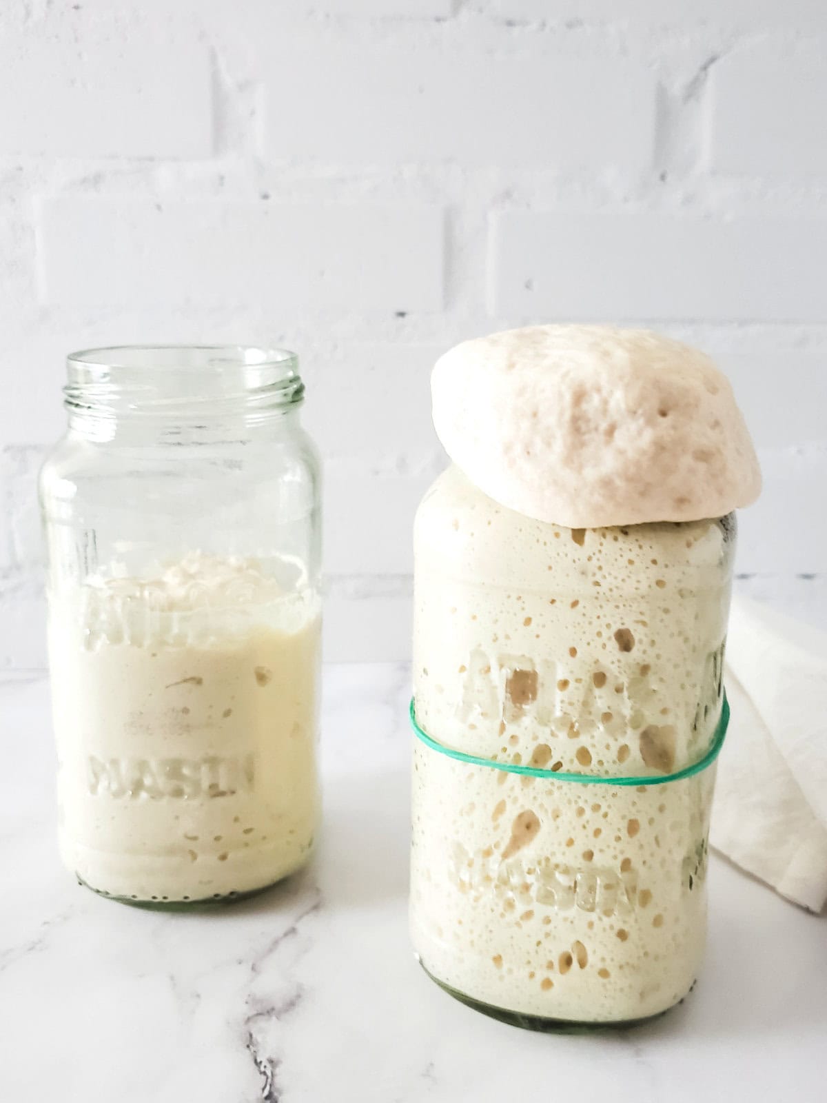 very active sourdough starter overflowing the jar.