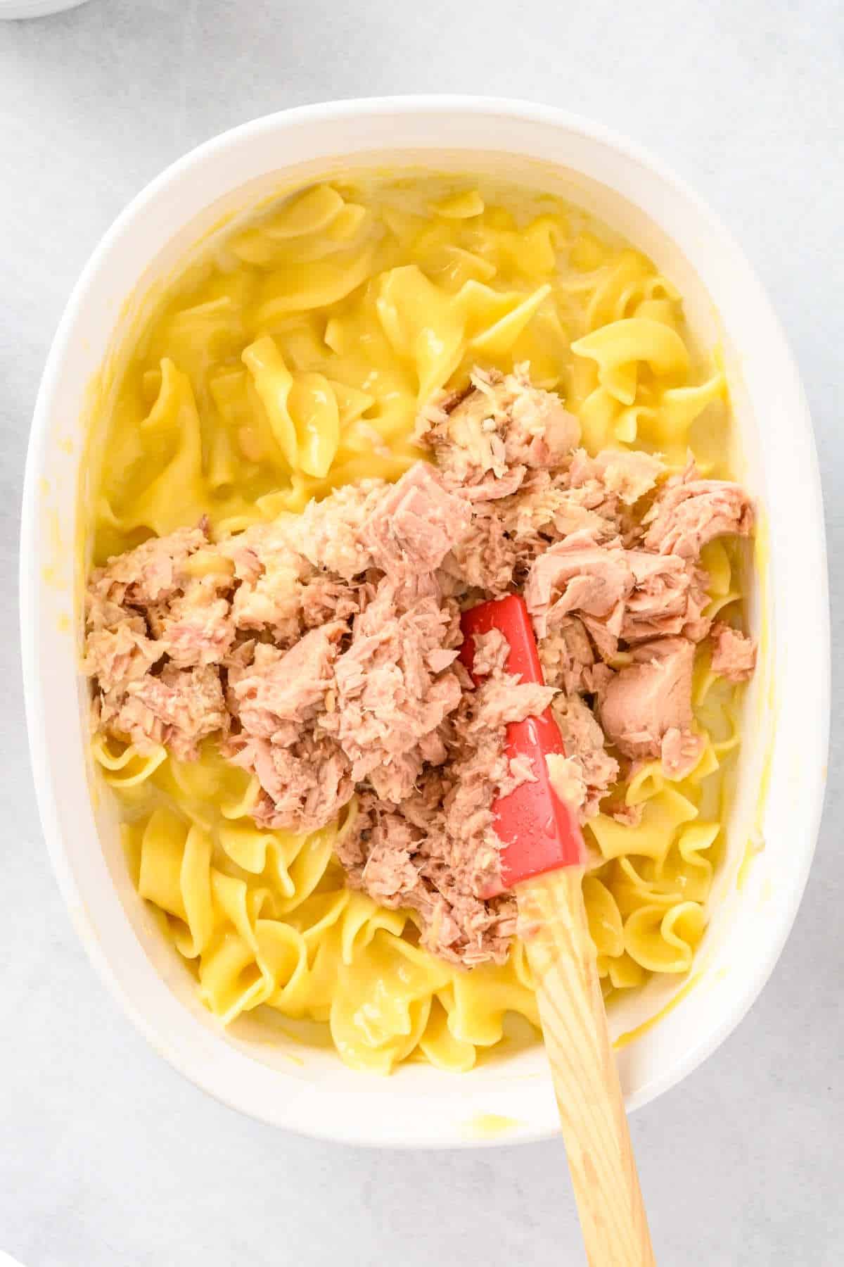 Stir in the tuna (Albacore) into the noodle mixture.