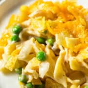 Homemade Tuna Noodle Kugel with Peas and Egg Noodles.