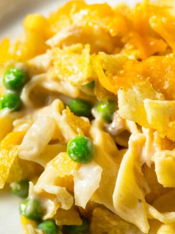 Homemade Tuna Noodle Kugel with Peas and Egg Noodles.