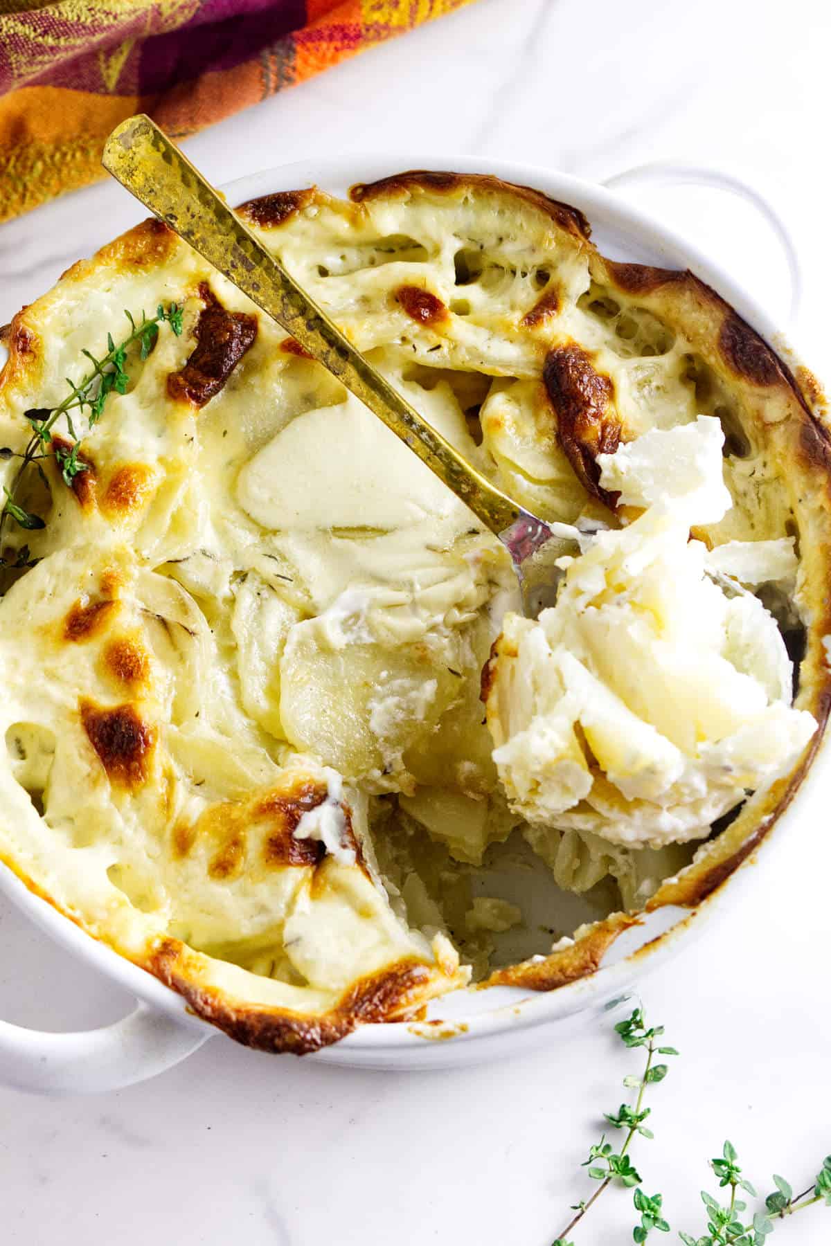 A round white baking dish filled with creamy, golden-brown scalloped potatoes. A spoon is scooping out a serving, revealing the soft, layered potatoes inside. Fresh thyme sprigs are placed beside the dish.