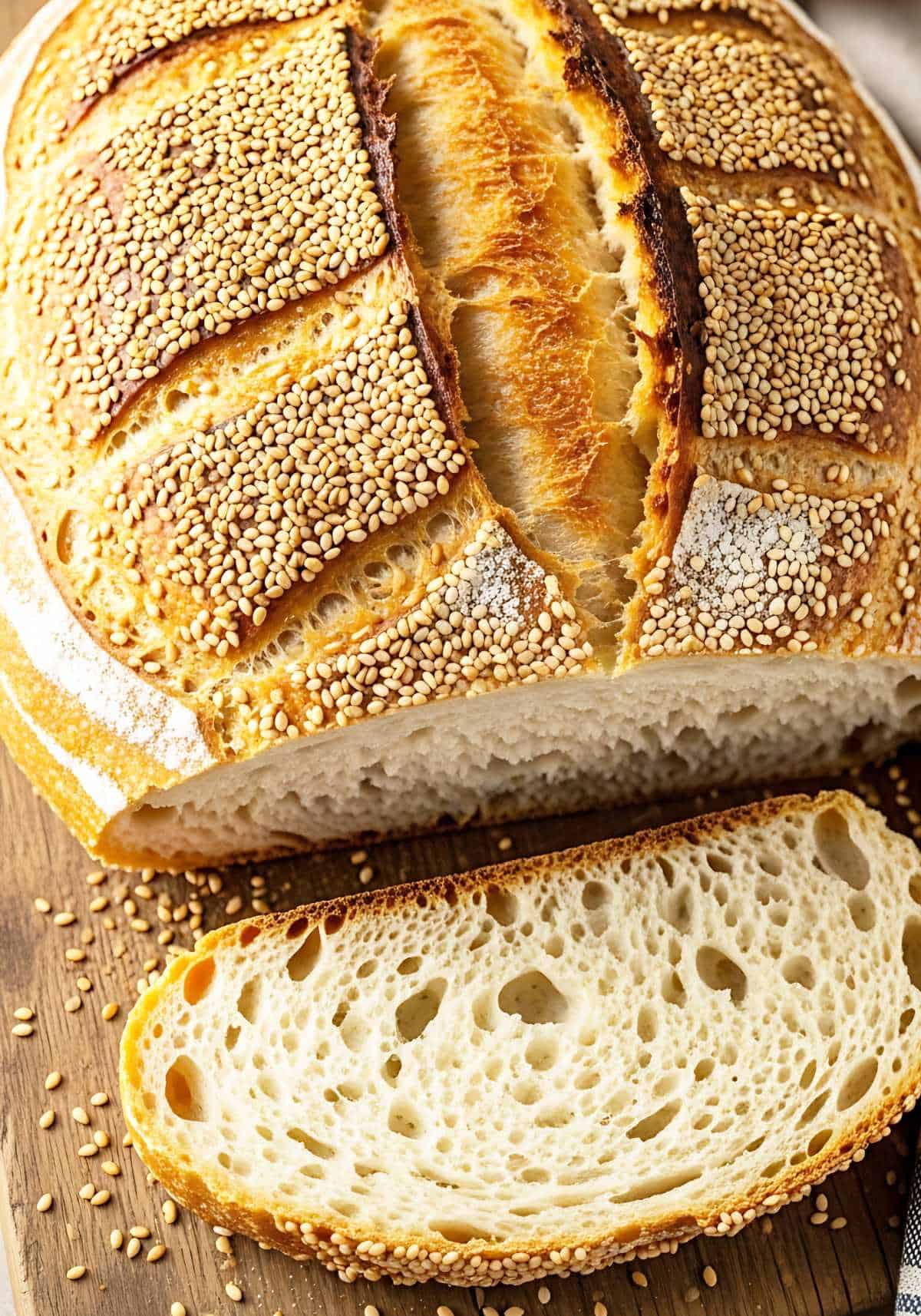 A round loaf of Moroccan semolina bread topped with sesame seeds sits on a wooden board, with one slice cut and lying in front. The bread has a golden crust, an airy, open crumb, and scattered sesame seeds around.