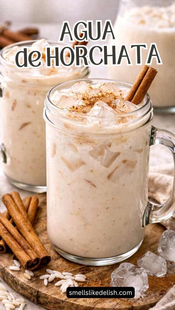 Tall glass of creamy horchata with cinnamon for later.