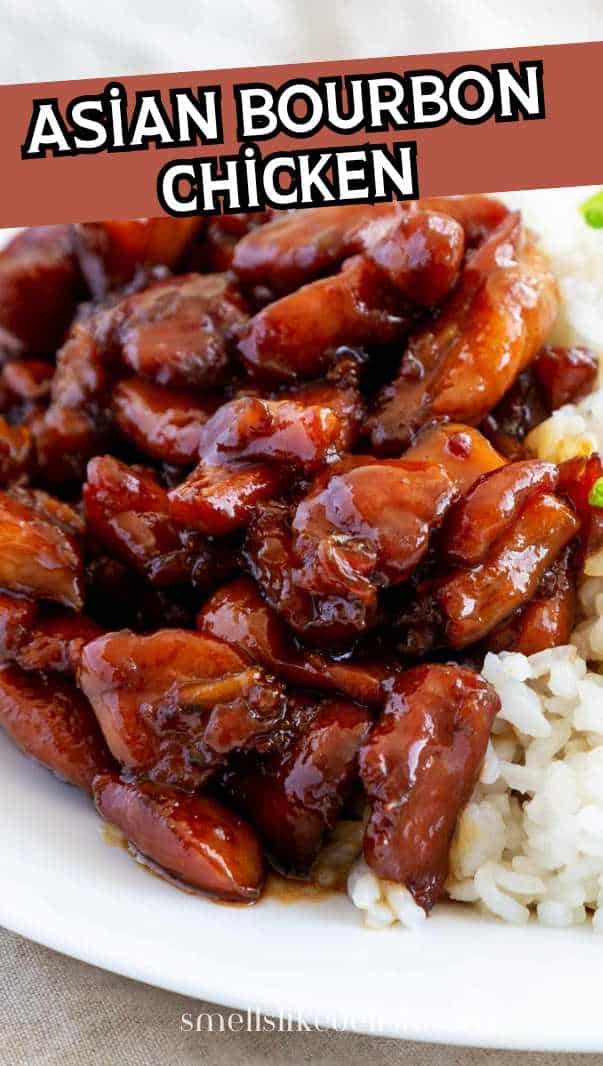 Easy 30-minute mall bourbon chicken copycat with sweet sticky sauce.